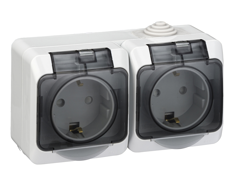 Розетка двойная Systeme Electric ЭТЮД наружная с заземлением со шторками IP44 серая