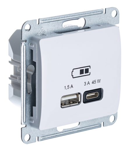 Розетка Systeme Electric GLOSSA USB A + тип-C 45W высокоскоростная зарядка QC, PD, механизм, белый