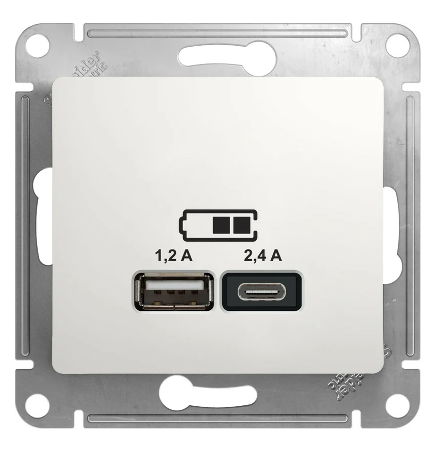 Розетка Systeme Electric USB Glossa тип A+C 5В/2.4А 2х5В/1.2А механизм белый