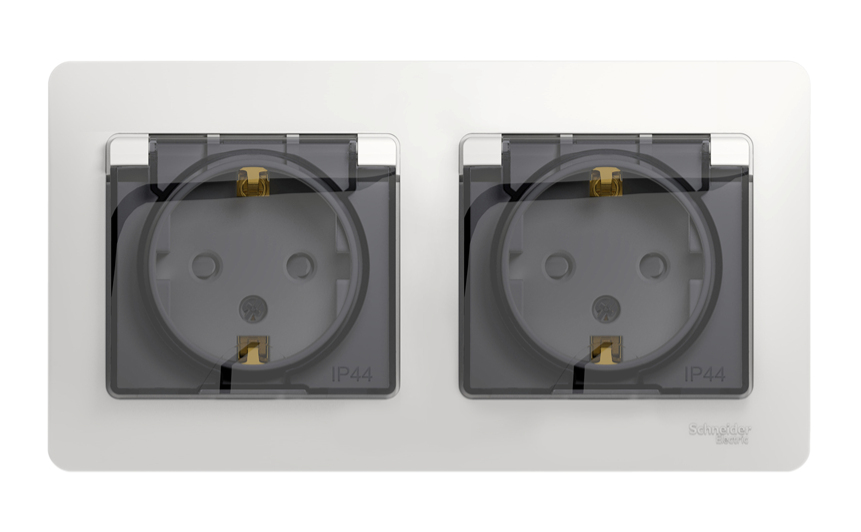 Розетка двойная Systeme Electric GLOSSA с заземлением, со шторками, в сборе, IP44, белый