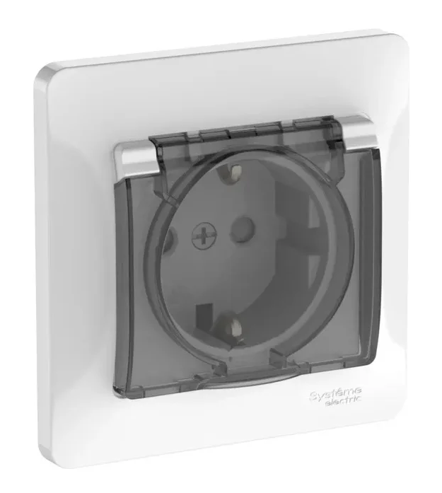 Розетка с заземлением со шторкой с крышкой 16А IP44 Systeme Electric GLOSSA в сборе белый быстрозажимные клеммы