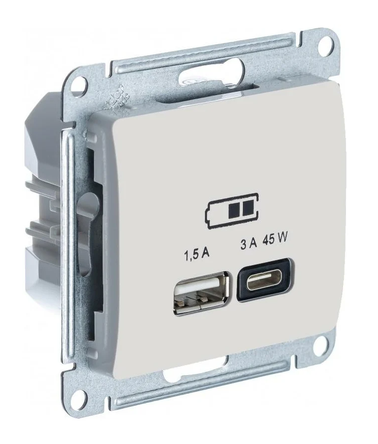 Розетка Systeme Electric GLOSSA USB A + тип-C 45W высокоскоростного заряда QC, PD, механизм, бежевый