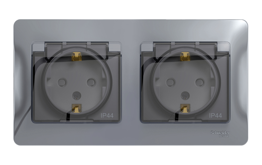 Розетка Systeme Electric Glossa алюминий 2-ая с/з, со шторками, в сборе, IP44