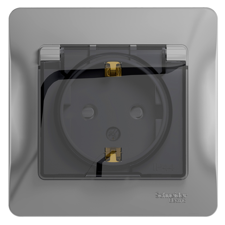 Розетка с заземлением Systeme Electric GLOSSA со шторками с крышкой алюминий  в сборе IP44