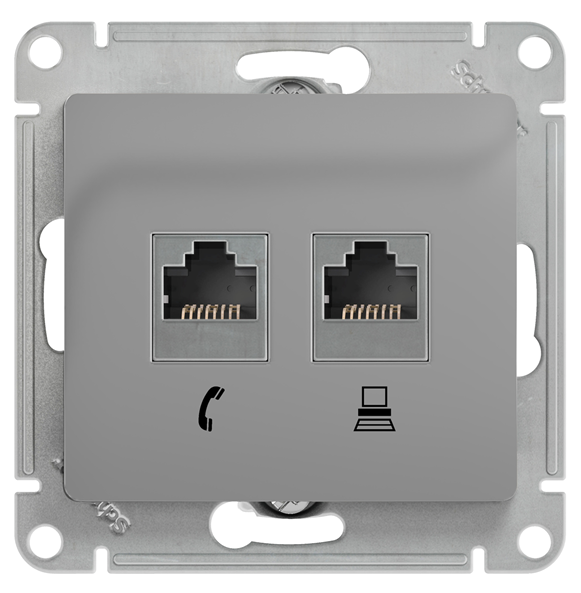 Розетка компьютерная + телефонная 2-м СП Systeme Electric Glossa RJ45 + RJ11 кат.5E механизм алюминий