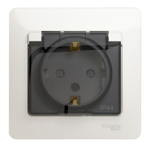 Розетка с заземлением Systeme Electric GLOSSA со шторками с крышкой IP44 перламутр в сборе