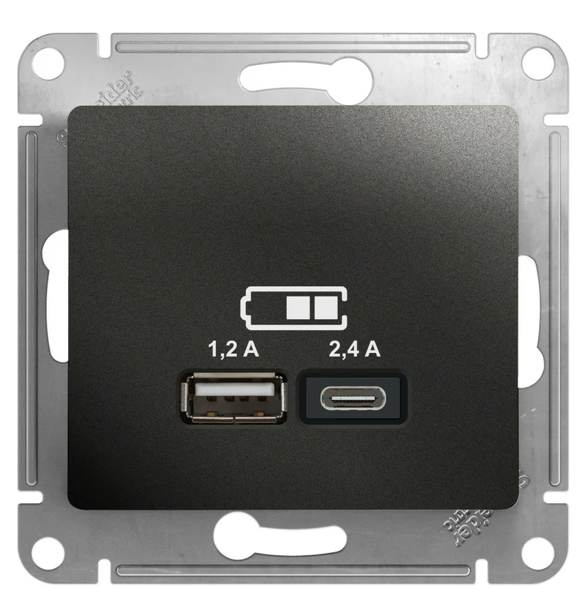 Розетка Systeme Electric USB Glossa тип A+C 5В/2.4А 2х5В/1.2А механизм антрацит