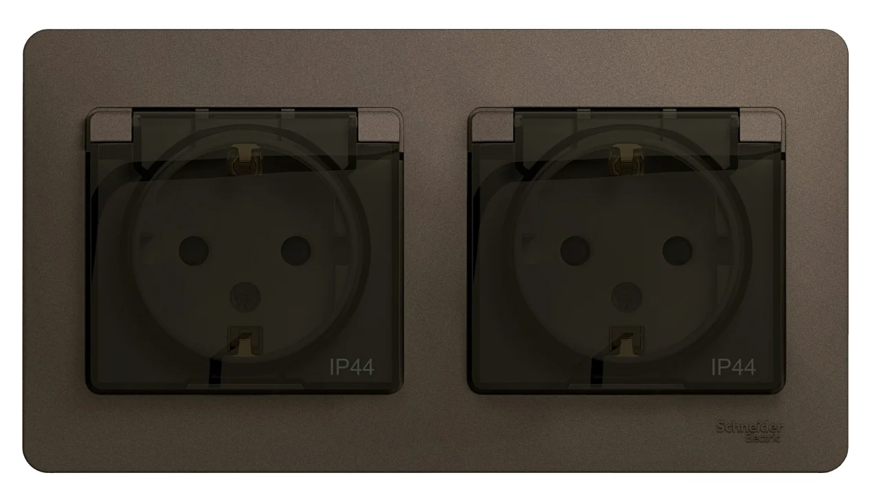 Розетка Systeme Electric Glossa шоколад 2-ая с/з, со шторками, в сборе, IP44