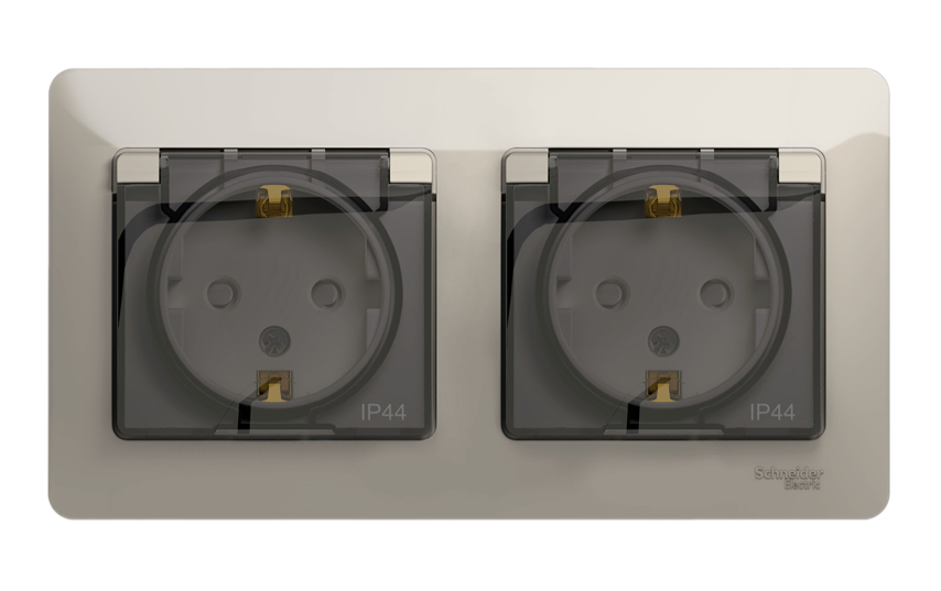 Розетка Systeme Electric Glossa Молочный 2-ая с заземлением, со шторками, в сборе, IP44