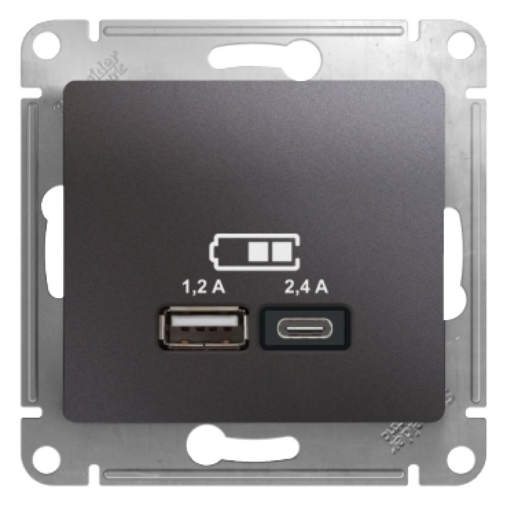 Розетка Glossa USB A+С, 5В/2,4А, 2х5В/1,2 А, механизм, графит