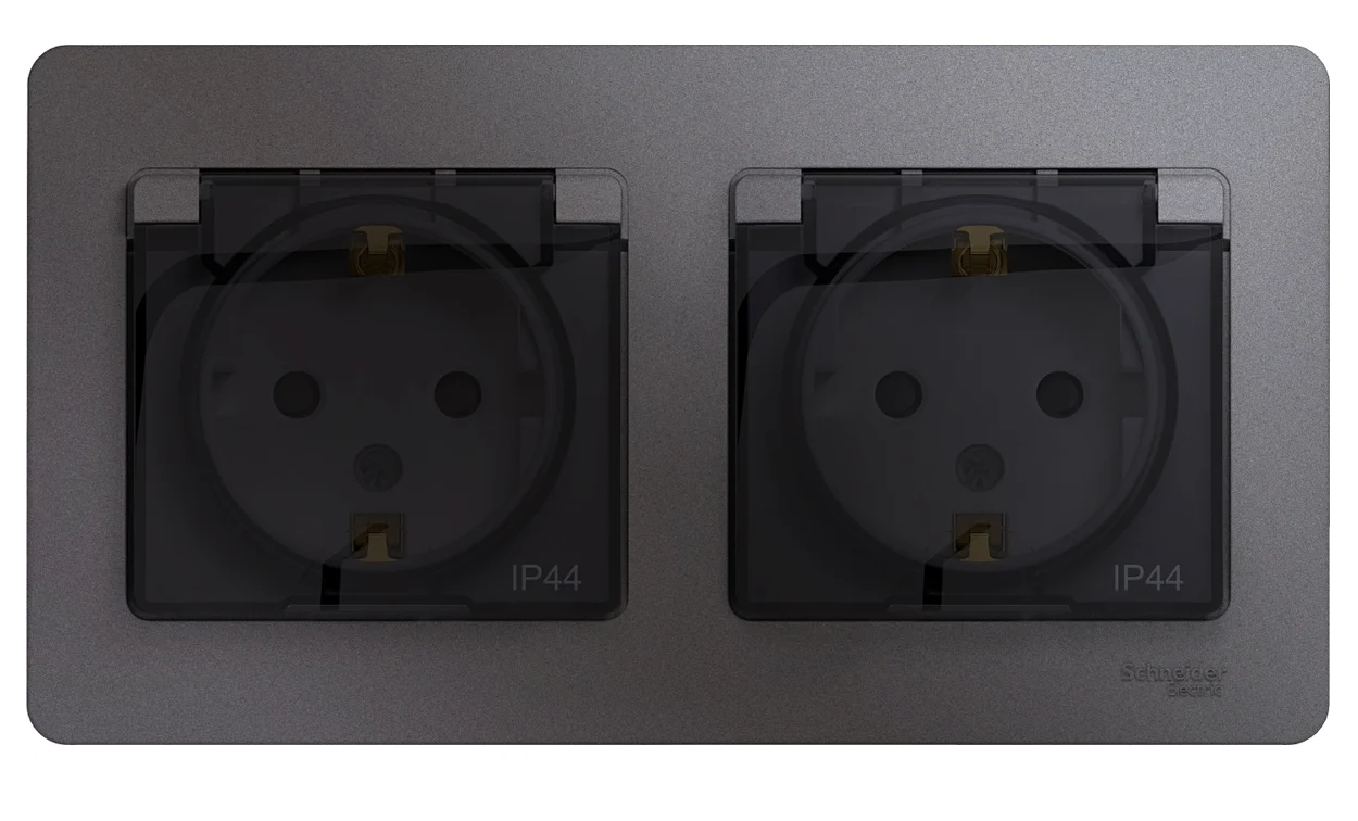 Розетка Systeme Electric 2-м СП 2мод. Glossa 16А IP44 с заземлением и защитными шторками в сборе графит