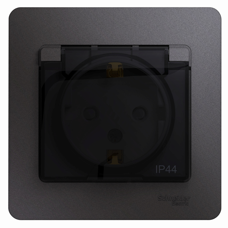 Розетка Systeme Electric 1-м СП Glossa 16А IP44 250В с заземлением и защитными шторками с крышкой в сборе графит