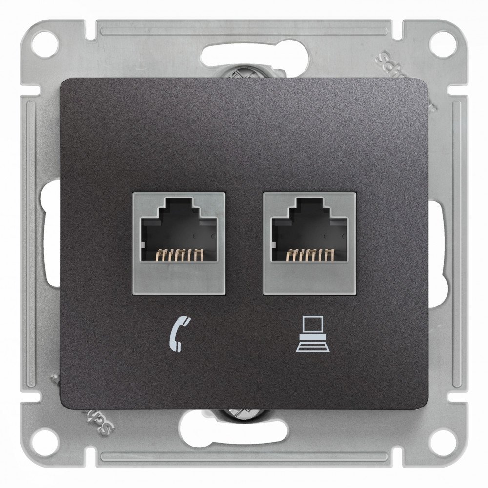 Розетка Glossa 2-местная RJ11+RJ45, категория 5E, механизм, IP20, скрытая установка, графит