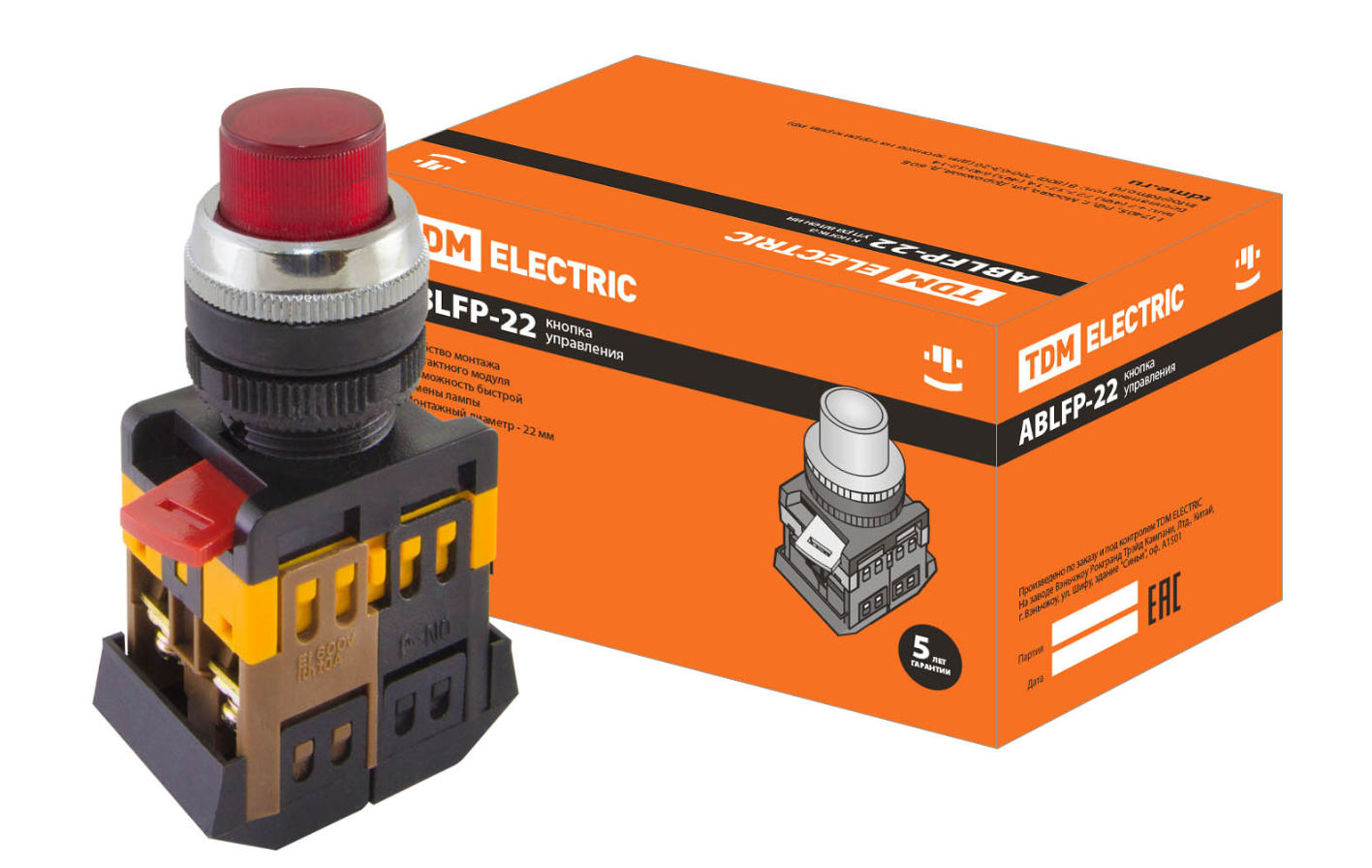 Кнопка TDM ABLFP-22 красный d22мм неон/230В 1з+1р