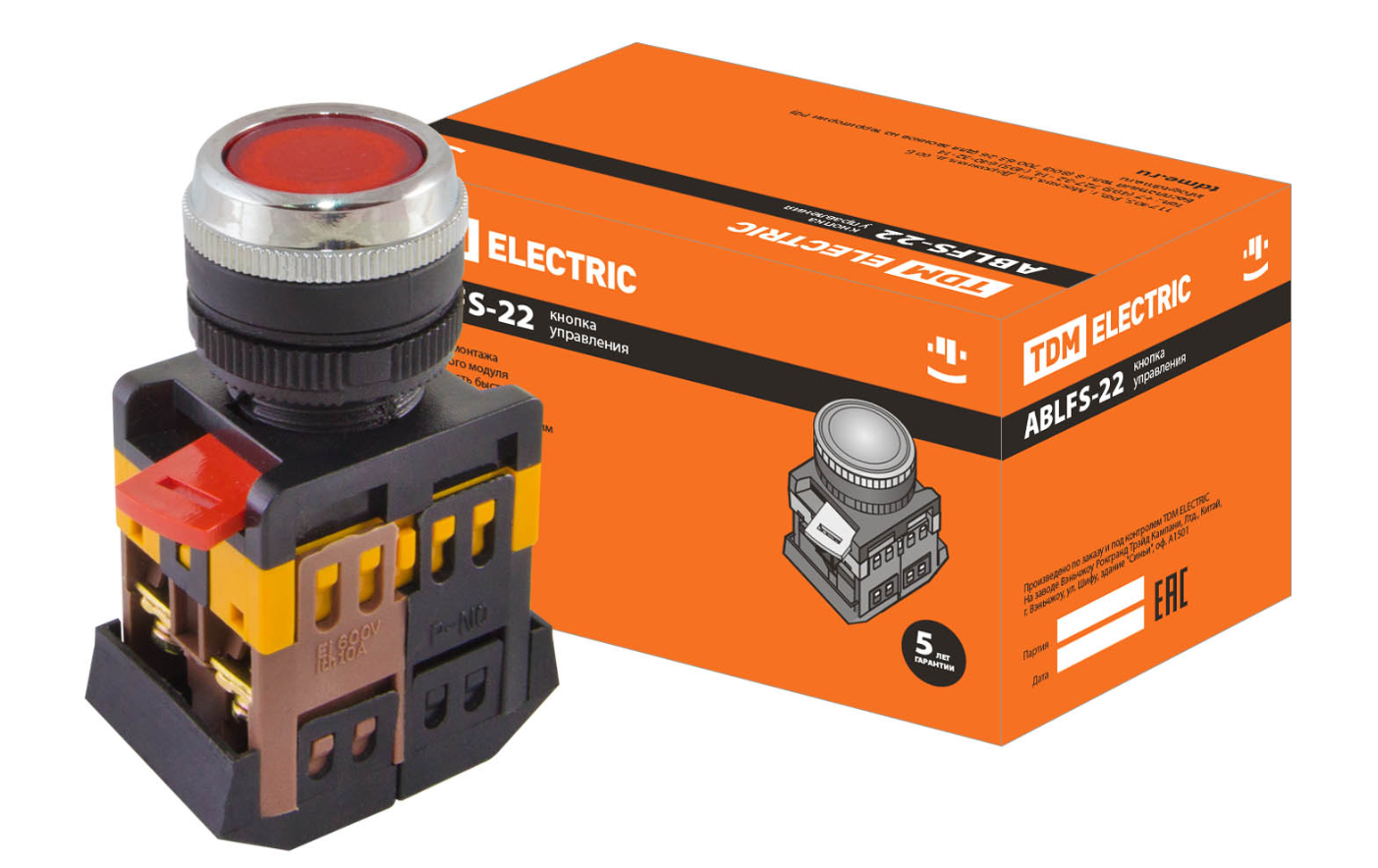 Кнопка TDM ABLFS-22 красный d22мм неон/230В 1з+1р