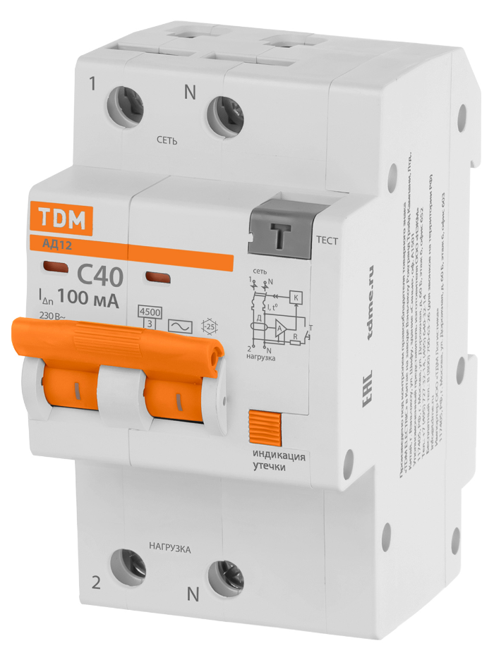 Дифференциальный автомат TDM АД12 2P, C40, 100мА, 4,5кА, тип АС, 3 мод