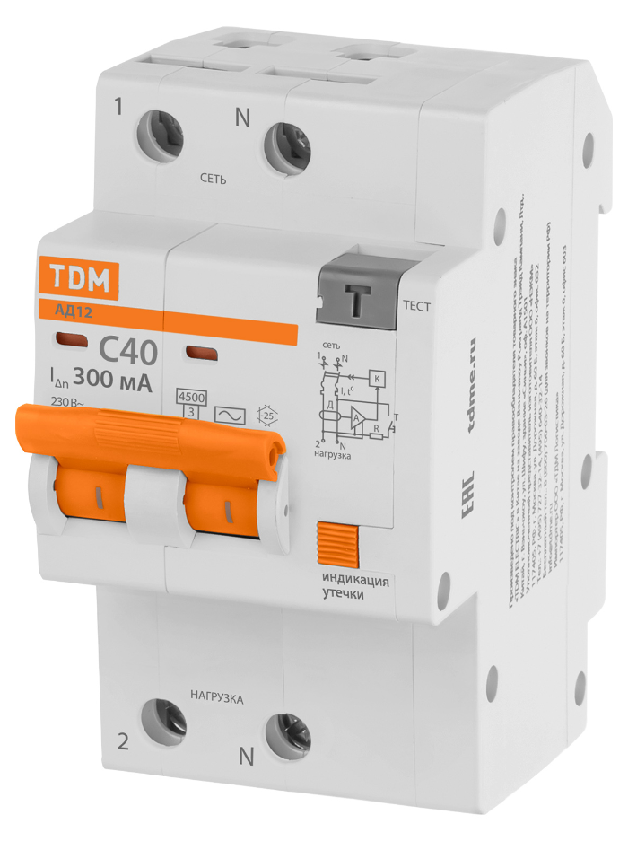 Дифференциальный автомат TDM АД12 2P, C40, 300мА, 4,5кА, тип АС, 3 мод