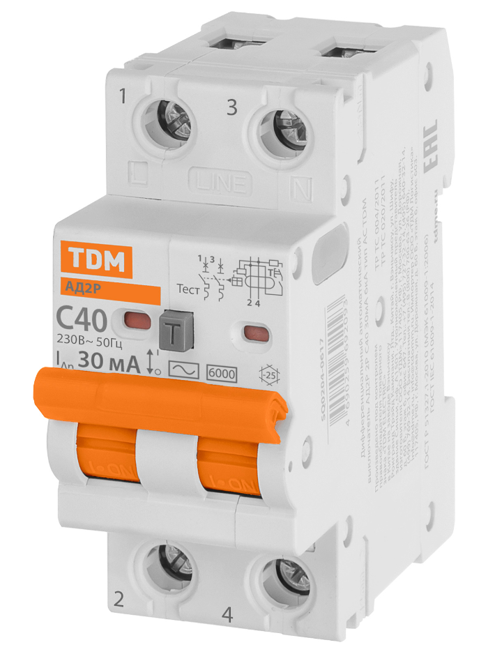 Дифференциальный автомат TDM АД2P 2Р С40 30мА 6кА тип АС