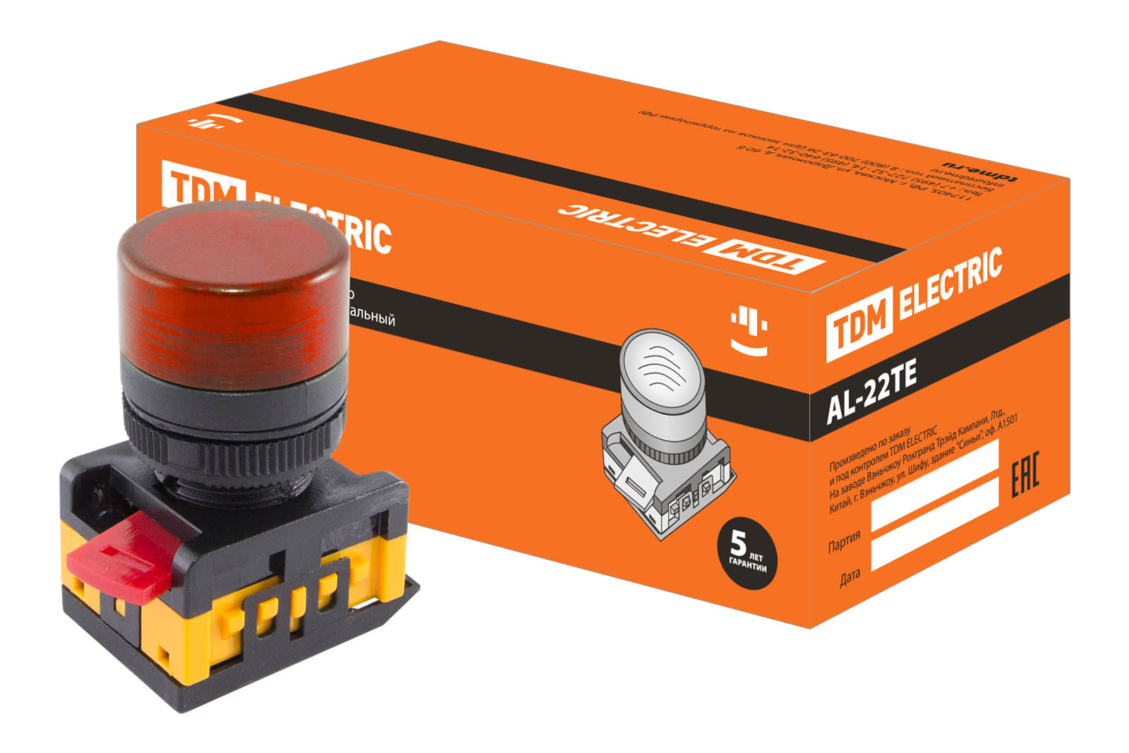 Лампа TDM ELECTRIC AL-22TE сигнальная d22мм красный неон 230В цилиндр