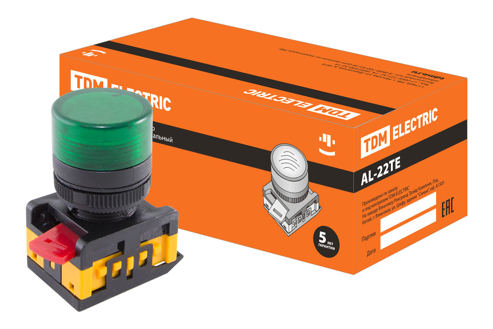 Лампа TDM ELECTRIC AL-22TE сигнальная d22мм зеленый неон 230В цилиндр