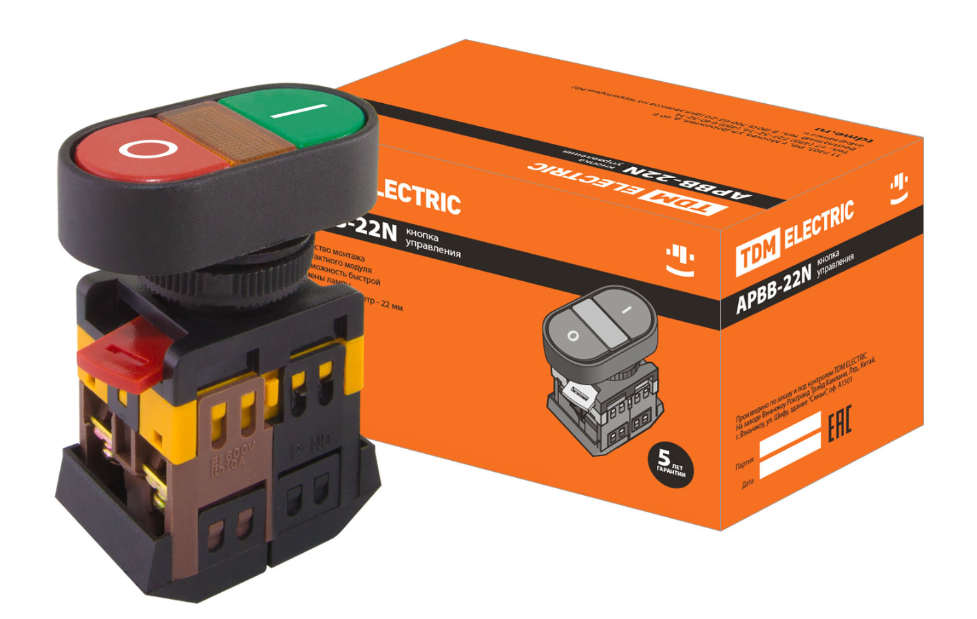 Кнопка TDM APВВ-22N "I-O" d22мм неон/230В 1з+1р