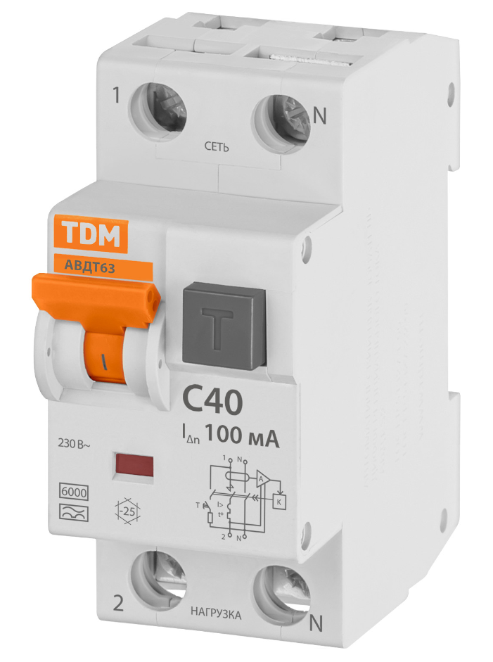 Автоматический выключатель дифференциального тока TDM 63 2Р(1Р+N) C40 100мА 6кА тип А