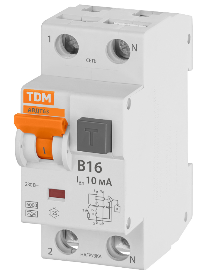 Автоматический выключатель дифференциального тока TDM 63 2Р(1Р+N) B16 10мА 6кА тип А