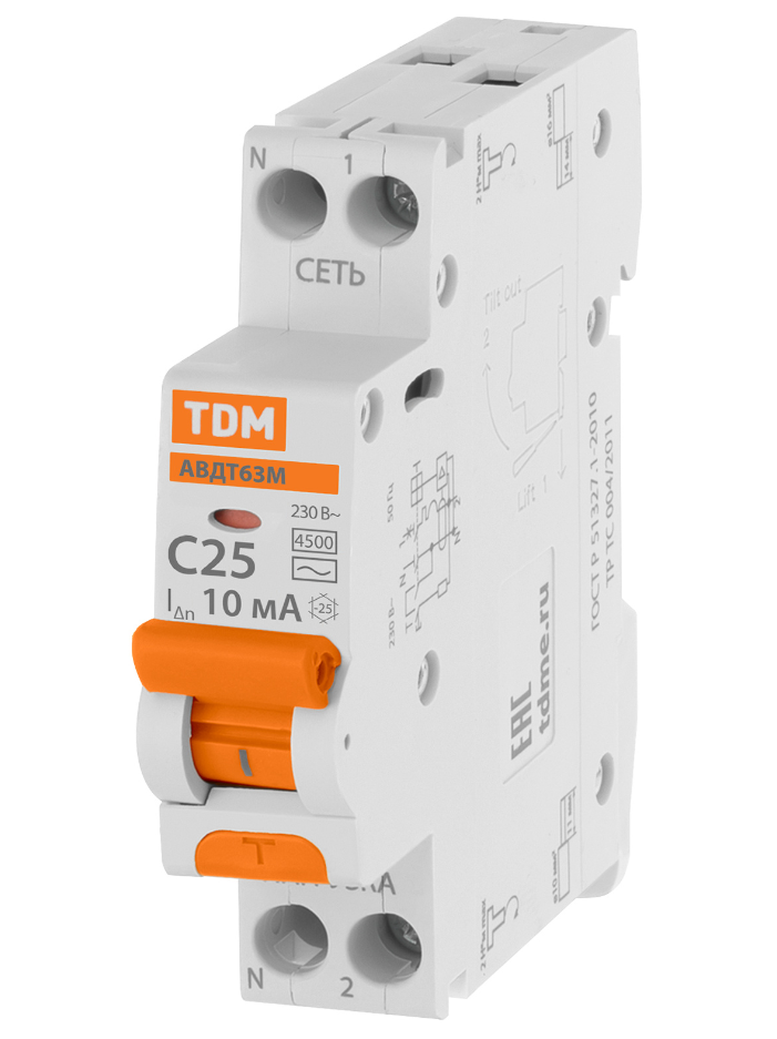 Автоматический выключатель дифференциального тока TDM 63М 2P(1P+N) C25 10мА 4,5кА тип АС купить с доставкой по РФ
