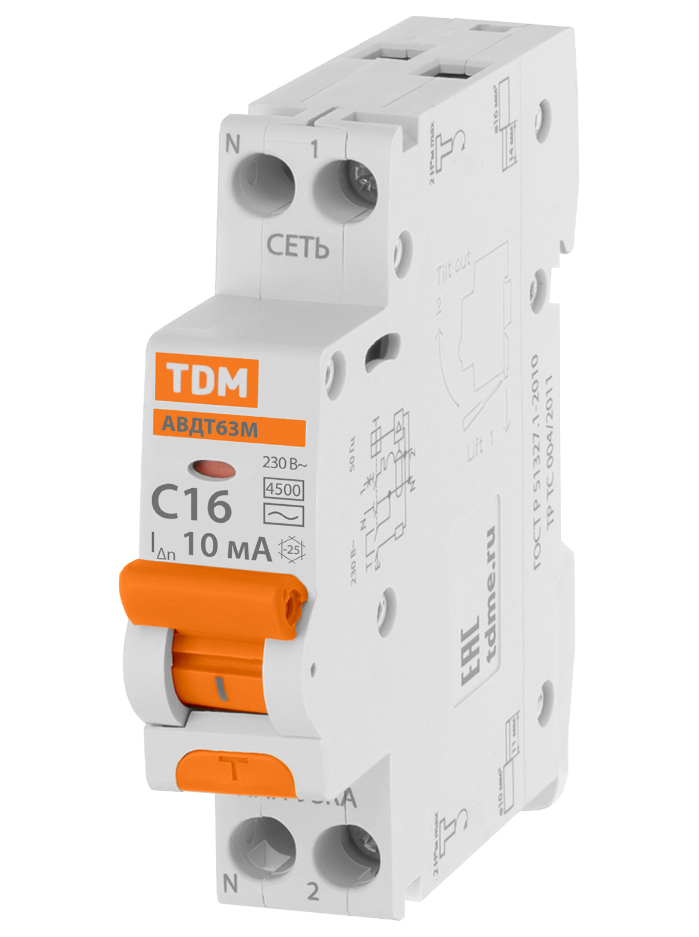 Автоматический выключатель дифференциального тока TDM 63М 2P(1P+N) C16 10мА 4,5кА тип АС купить с доставкой по РФ
