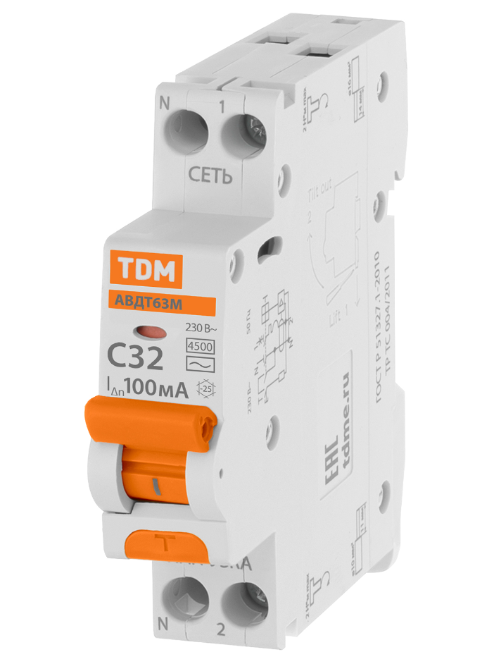 Автоматический выключатель дифференциального тока TDM 63М 2P(1P+N) C32 100мА 4,5кА тип АС