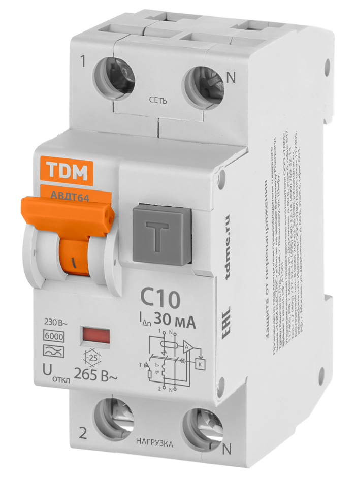 Автоматический выключатель дифференциального тока TDM 64 2Р(1Р+N) C10 30мА тип А защита 265В