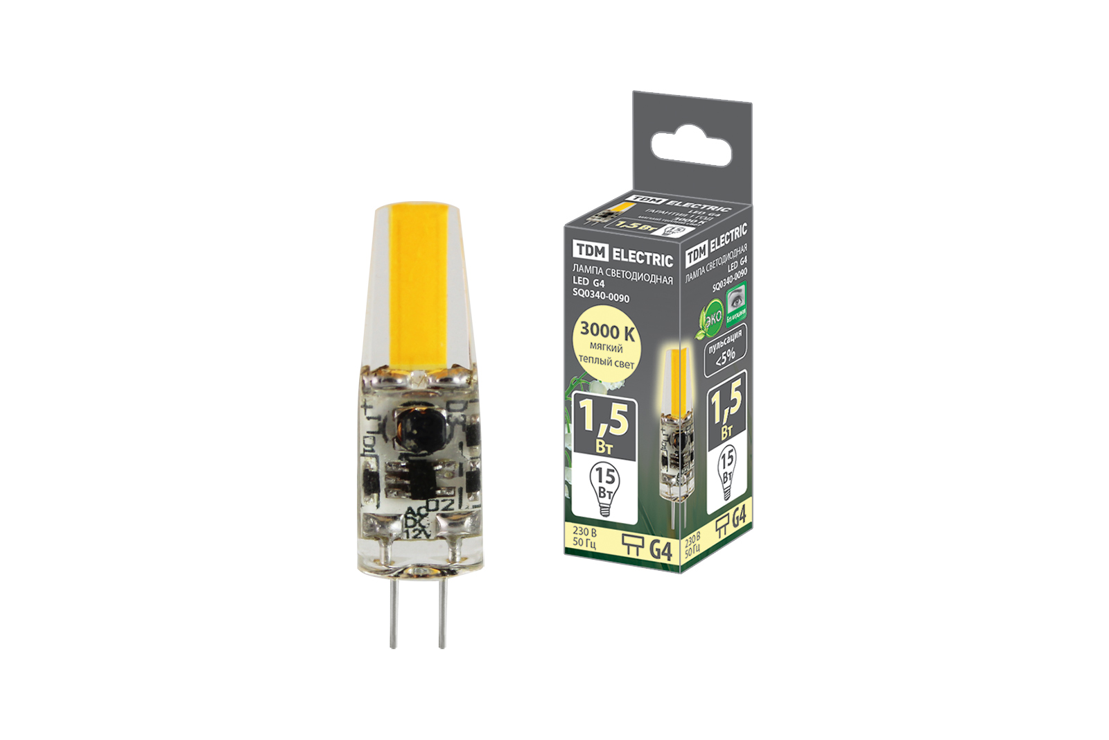 Лампа светодиодная TDM ELECTRIC G4-1,5 Вт-AC/DC 12 В-3000 К COB 9,5х36 мм