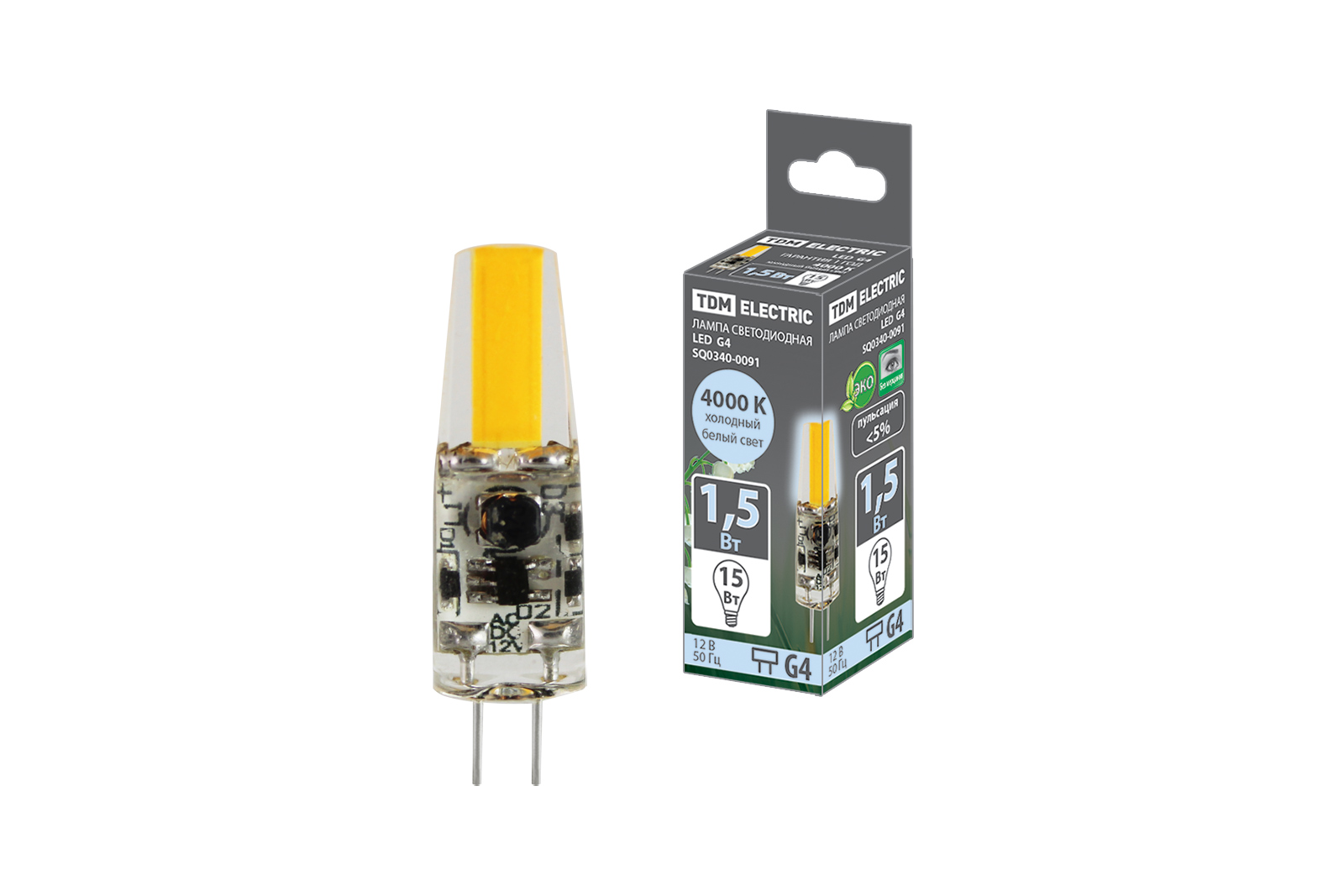 Лампа светодиодная TDM ELECTRIC G4-1,5 Вт-AC/DC 12 В-4000 К COB 9,5х36 мм