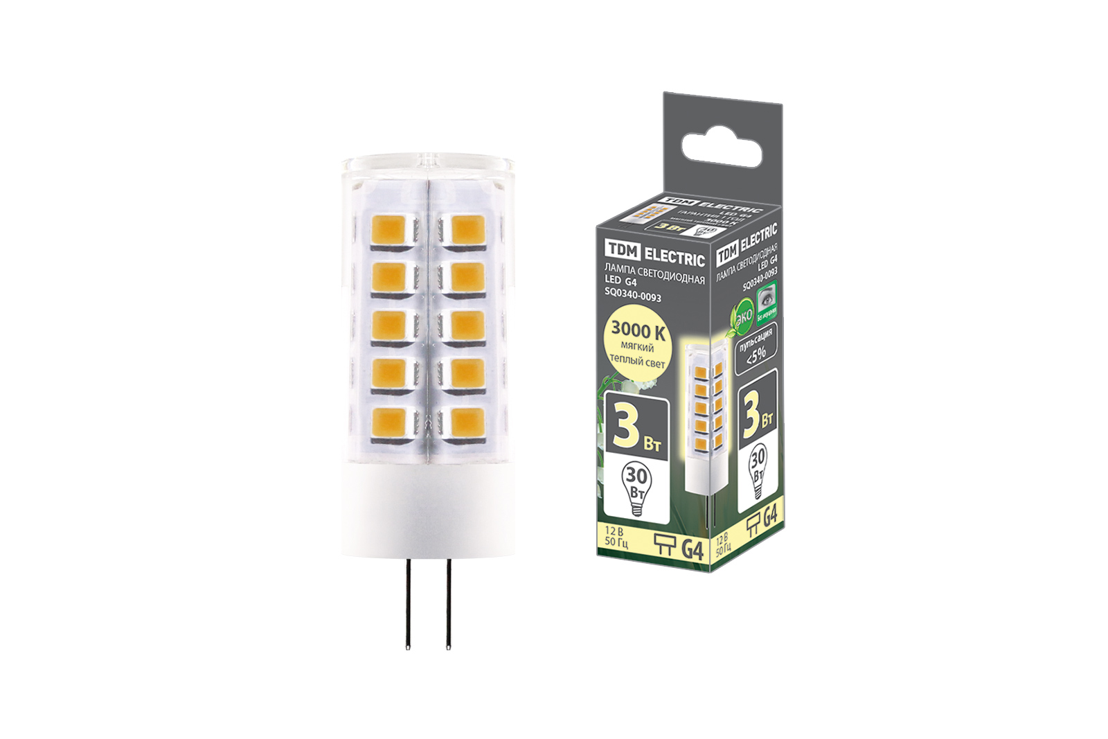 Лампа светодиодная TDM ELECTRIC G4-3 Вт-AC/DC 12 В-3000 К SMD 16x43 мм