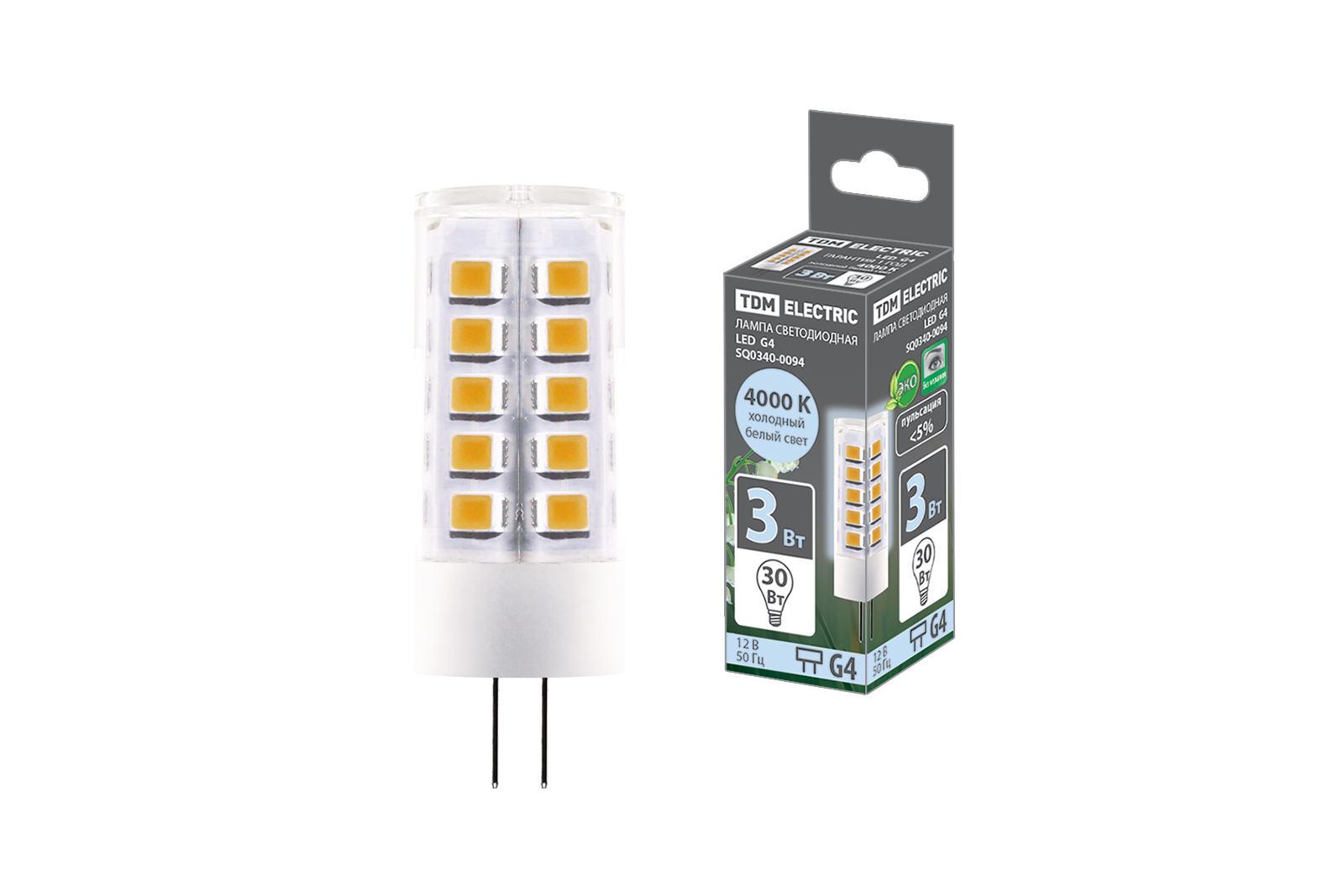 Лампа светодиодная TDM ELECTRIC G4-3 Вт-AC/DC 12 В-4000 К SMD 16x43 мм