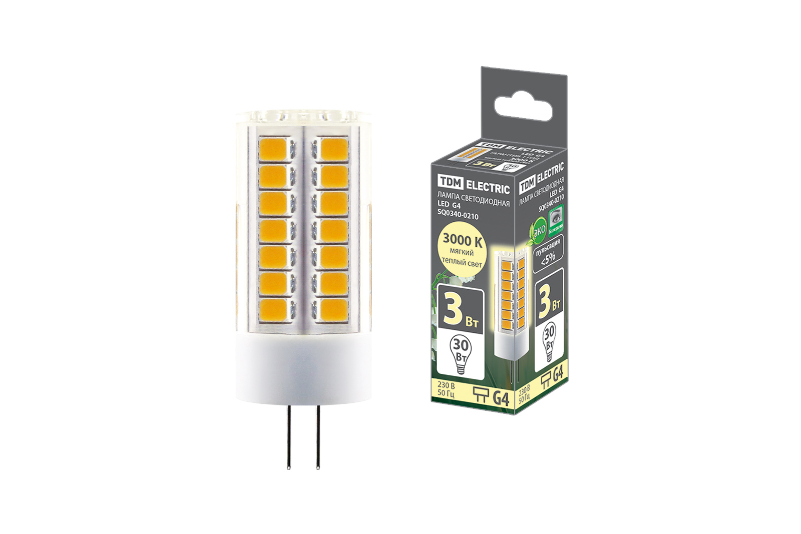 Лампа светодиодная TDM ELECTRIC G4-3 Вт-230 В-3000 К, SMD, 16x43 мм
