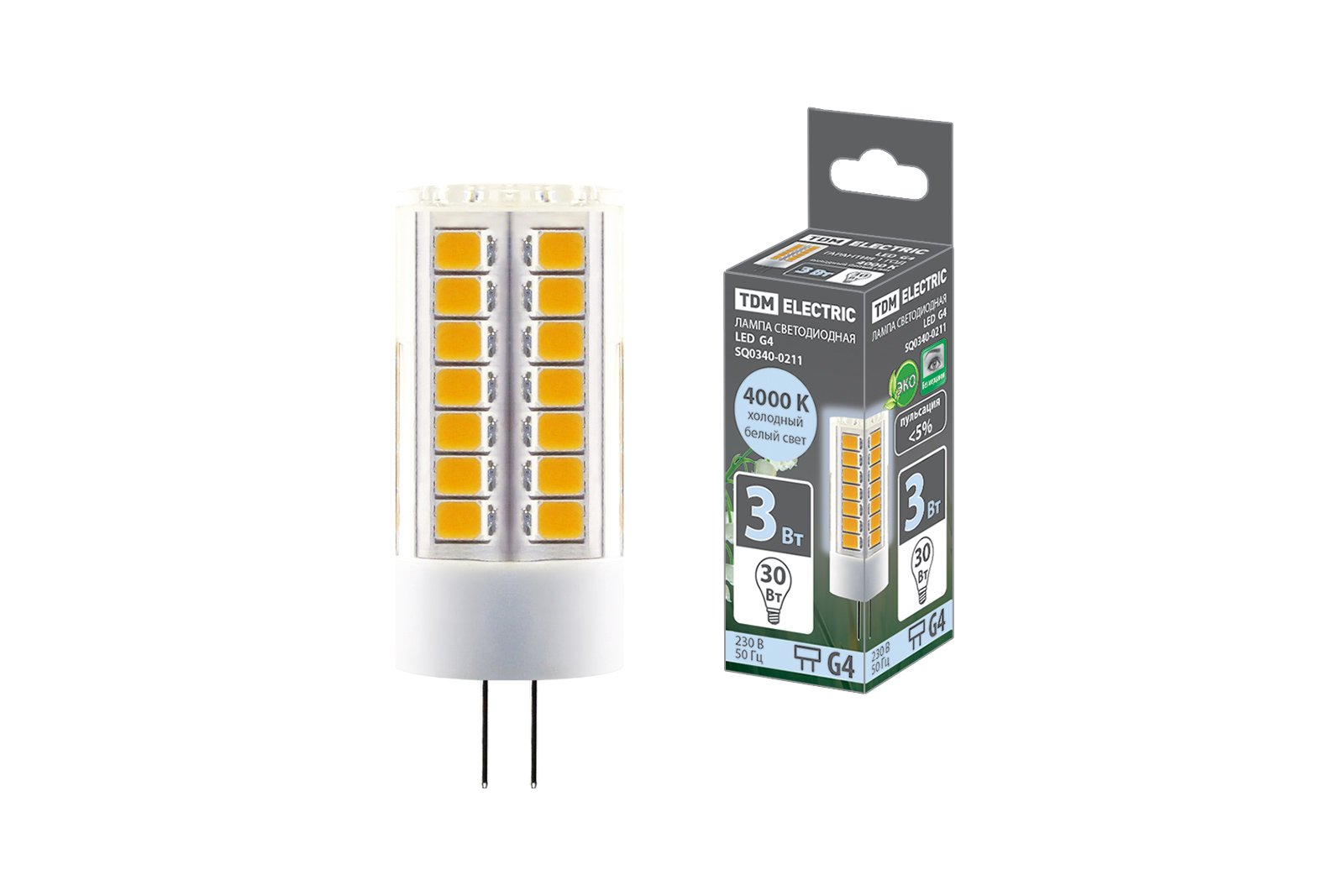Лампа светодиодная TDM ELECTRIC G4-3 Вт-230 В-4000 К, SMD, 16x43 мм