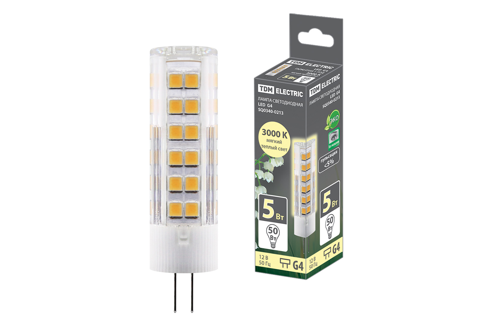 Лампа светодиодная TDM ELECTRIC G4-5 Вт-AC/DC 12 В-3000 К SMD 16x57 мм