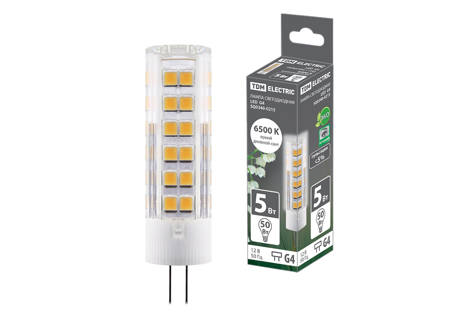 Лампа светодиодная TDM ELECTRIC G4-5 Вт-AC/DC 12 В-6500 К SMD 16x57 мм