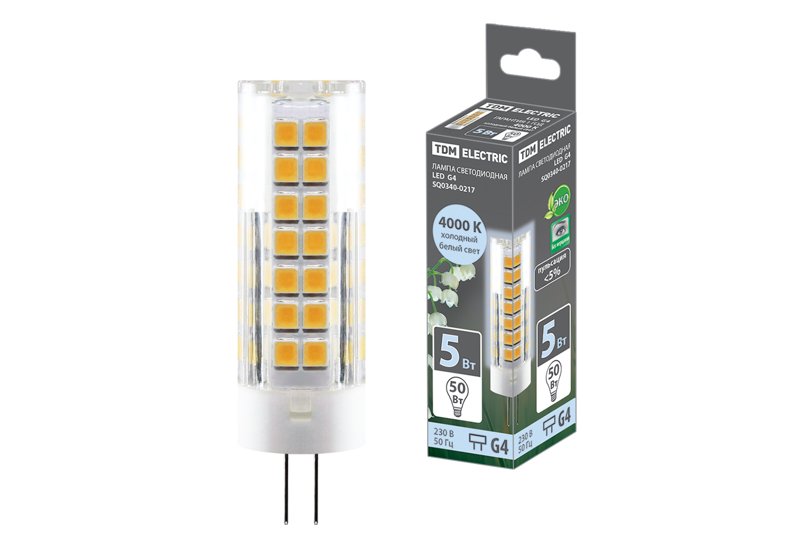 Лампа светодиодная TDM ELECTRIC G4-5 Вт-230 В-4000 К, SMD, 16x55 мм