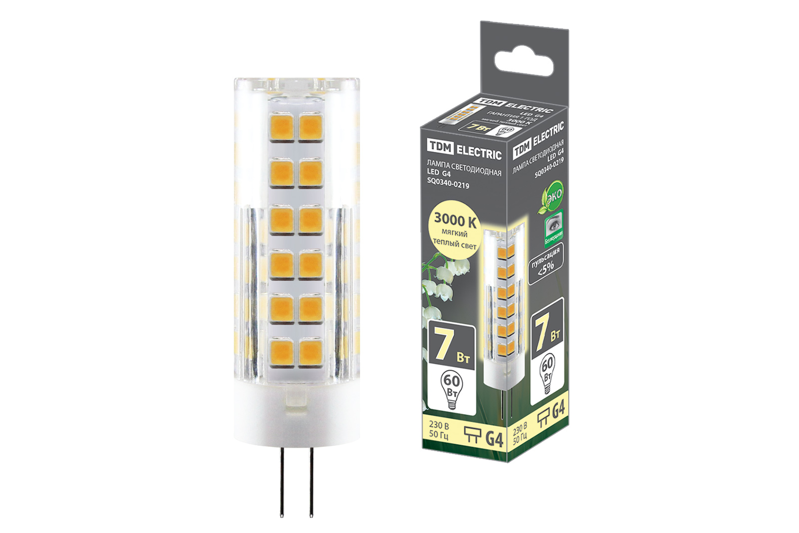 Лампа светодиодная TDM ELECTRIC G4-7 Вт-230 В-3000 К, SMD, 18,5x57 мм