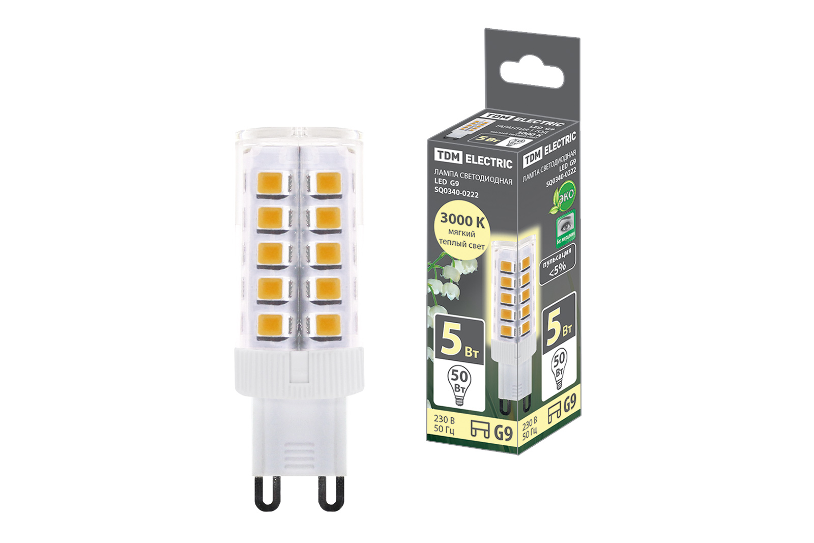 Лампа светодиодная TDM ELECTRIC G9-5 Вт-230 В-3000 К, SMD, 16x49 мм
