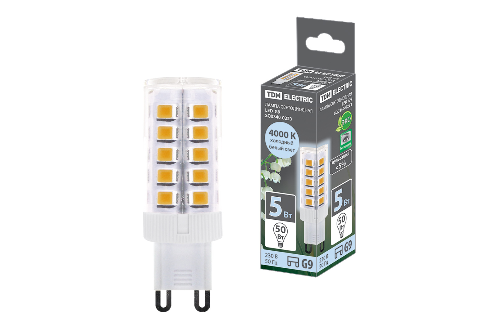 Лампа светодиодная TDM ELECTRIC G9-5 Вт-230 В-4000 К, SMD, 16x49 мм
