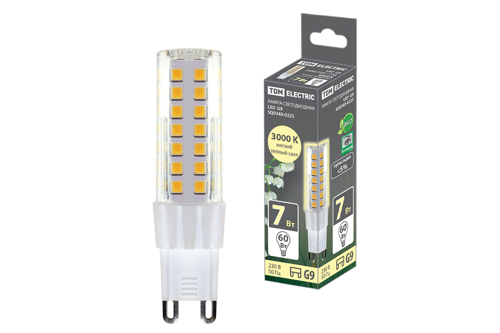 Лампа светодиодная TDM ELECTRIC G9-7 Вт-230 В-3000 К, SMD, 17,5x65,5 мм