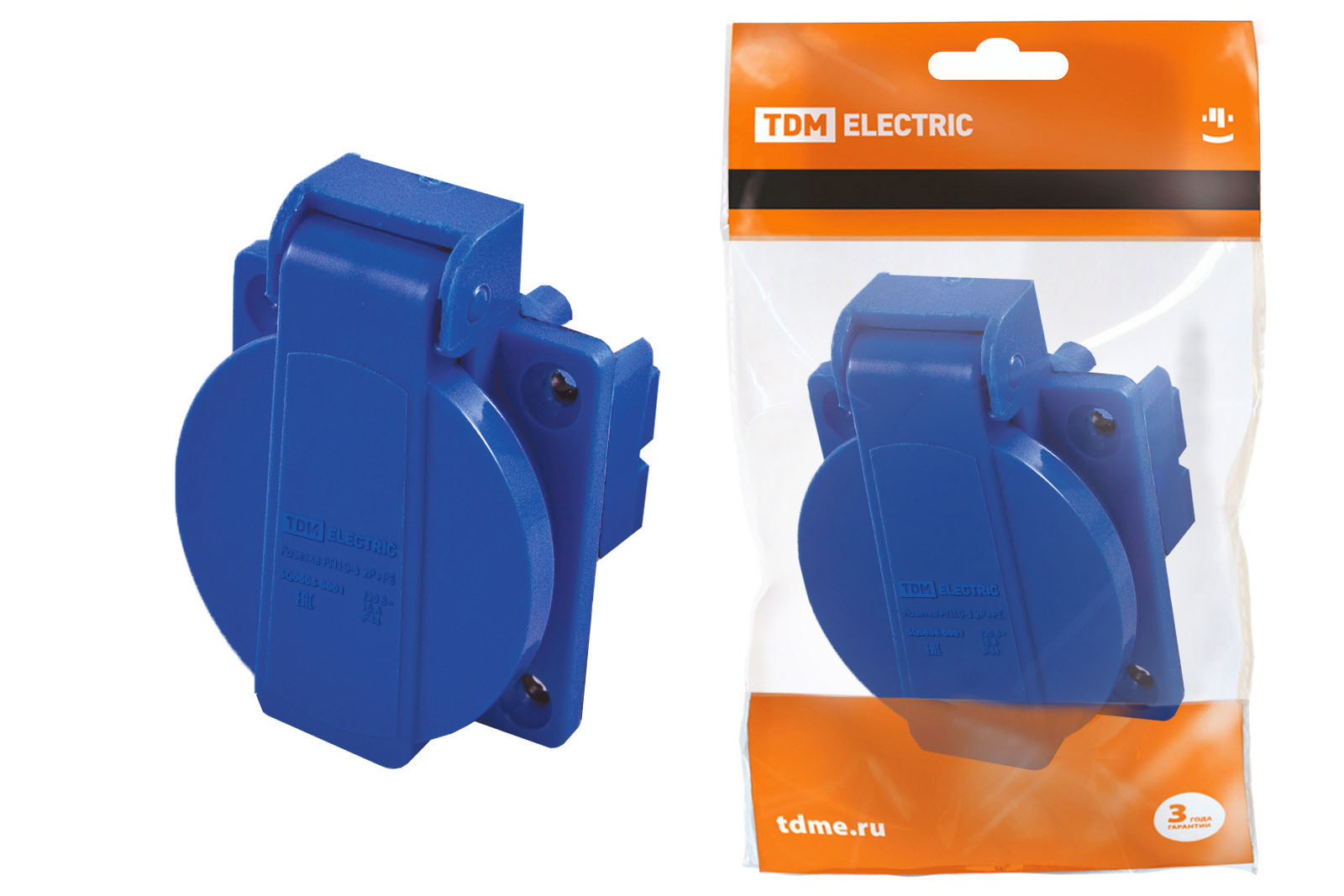 Розетка панельная TDM ELECTRIC скрытая с крышкой РП10-3 IP44 16А 2Р+РЕ 220В