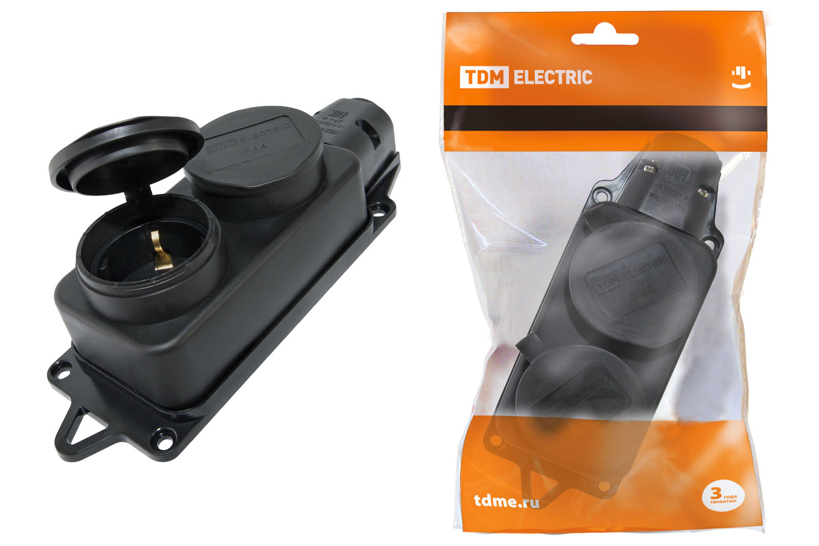Розетка двухместная TDM ELECTRIC с заглушками 2Р+РЕ 16А 250В IP44 каучук