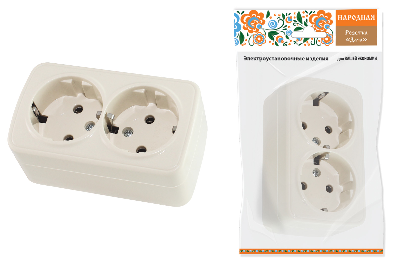 Розетка TDM ELECTRIC двойная 2П+3 открытой установки IP20 16А, сл. кость "Дача" Народная