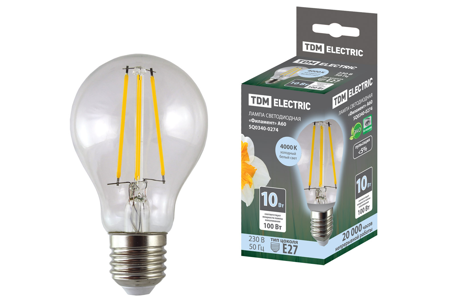 Лампа светодиодная TDM ELECTRIC "Филамент" А60-10 Вт-230 В-4000 К–E27