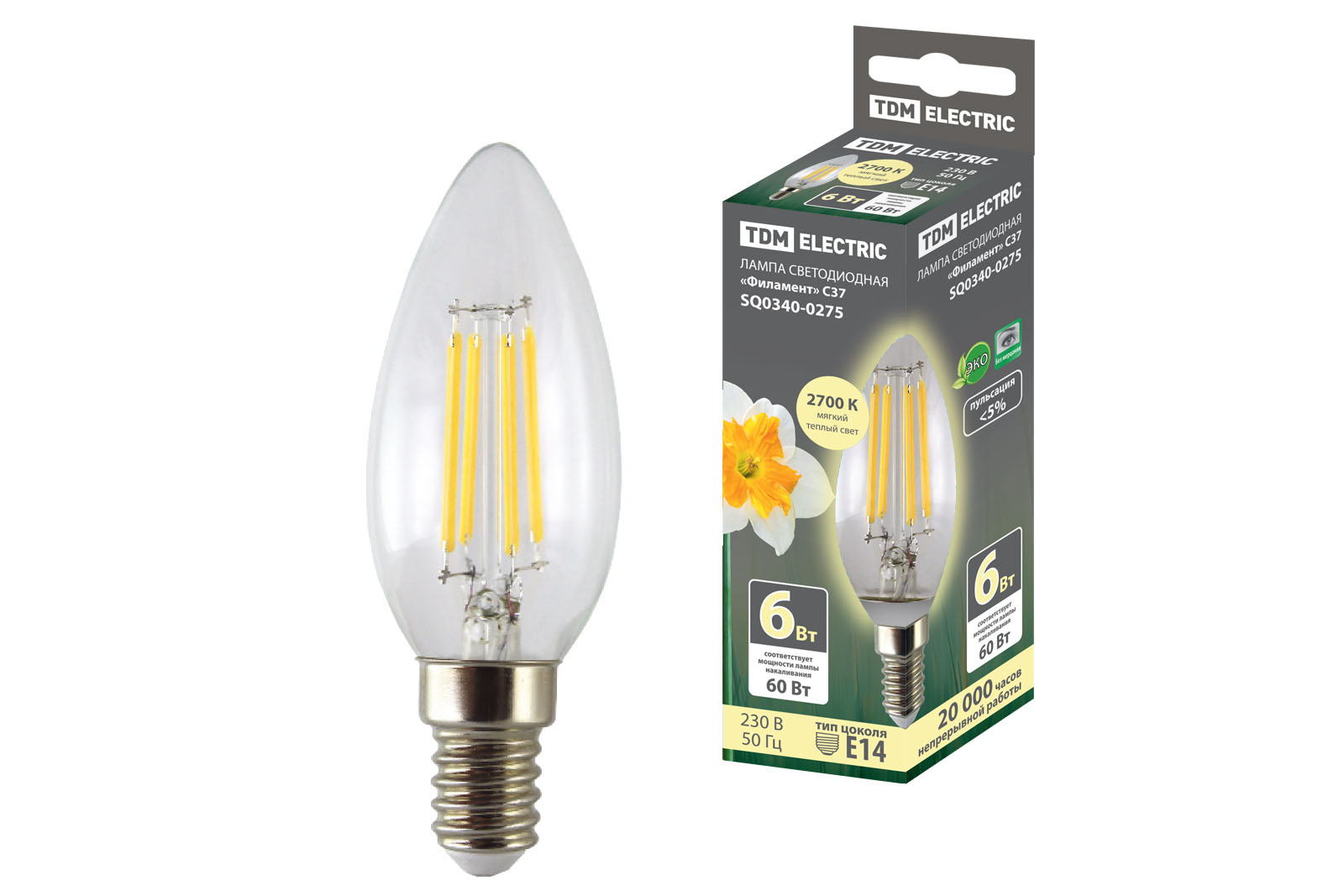 Лампа светодиодная TDM ELECTRIC "Филамент" С37-6 Вт-230 В-2700 К–E14