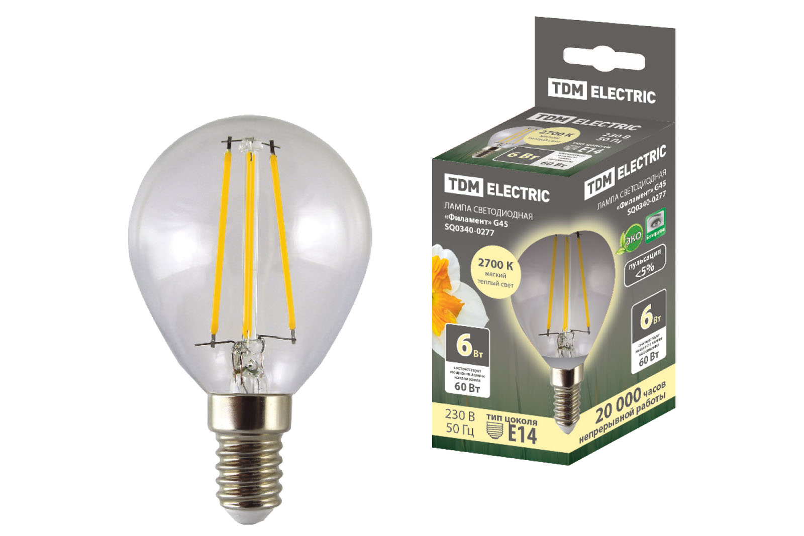 Лампа светодиодная TDM ELECTRIC "Филамент" G45-6 Вт-230 В-2700 К–E14